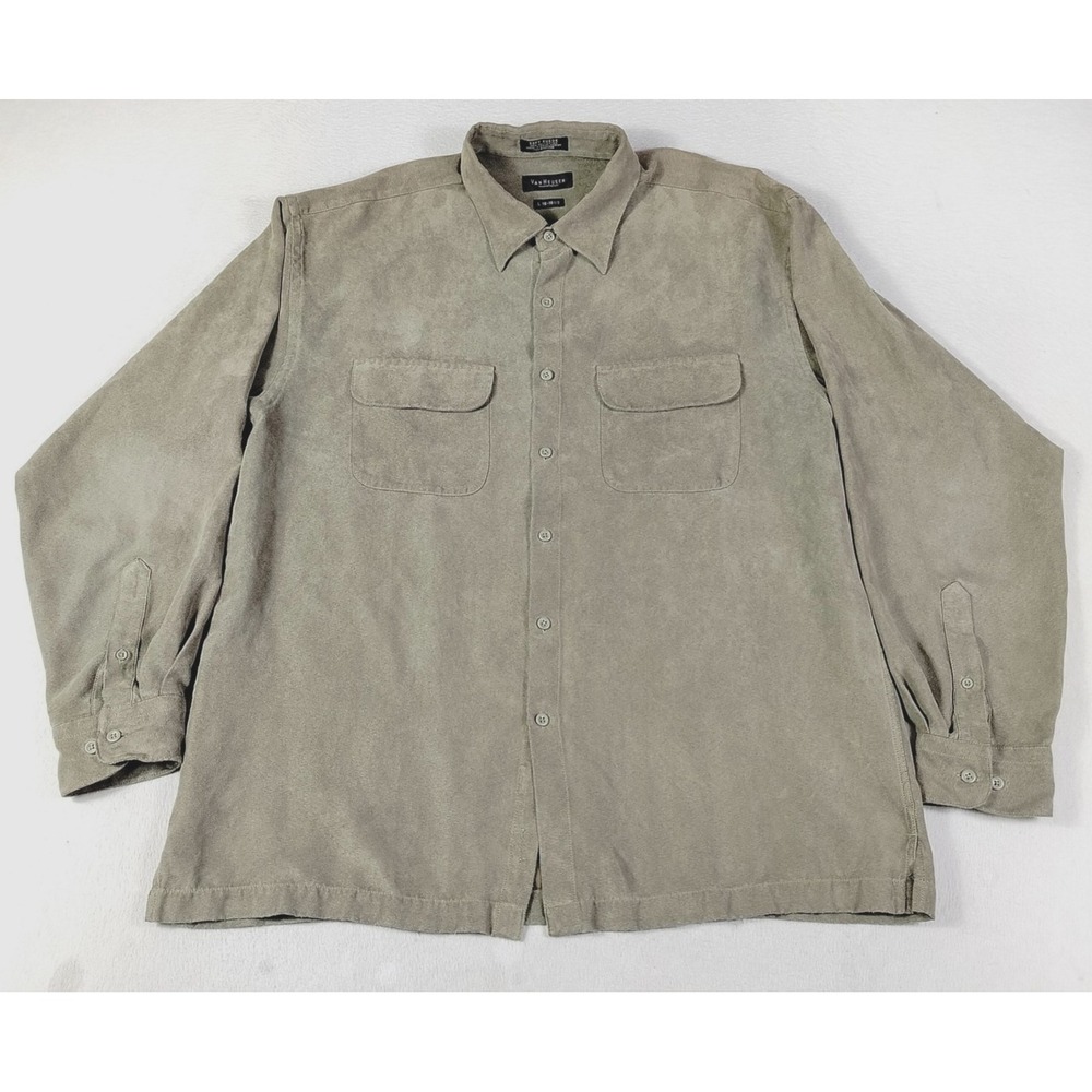 Van Heusen Shirt Mens Large Beige Solid Long Sleeve Soft Suede Microfiber Casual